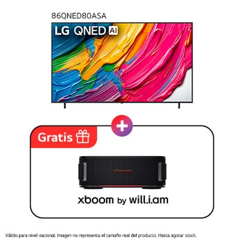 Vista de frente de la LG QNED80 TV, logotipo de LG QNED Al en la esquina superior. En la LG QNED TV se muestran coloridas texturas como de pinturas que se combinan.